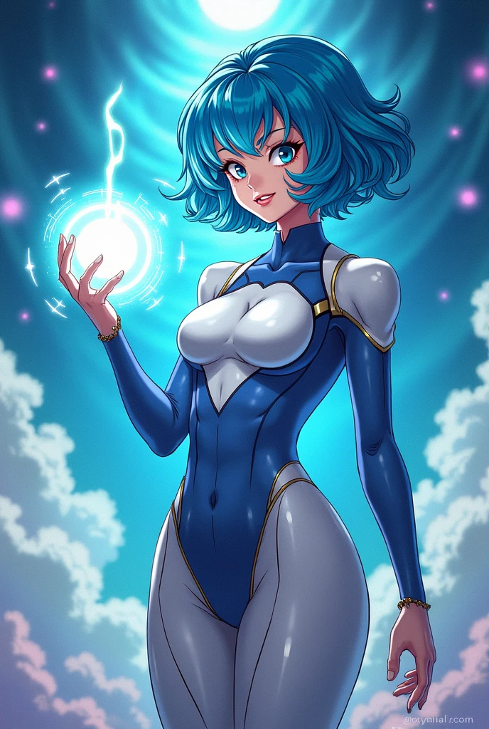 masterpiece, high quality, extremely detailed, 1girl, solo, marianne von edmund dressed up as Zero Suit Samus, short blue hair, brown eyes, medium breasts, zero suit, blue gloves, light smile, standing, holding a blaster, smile, blush, upper body shot, outer space, space environment, outer space background