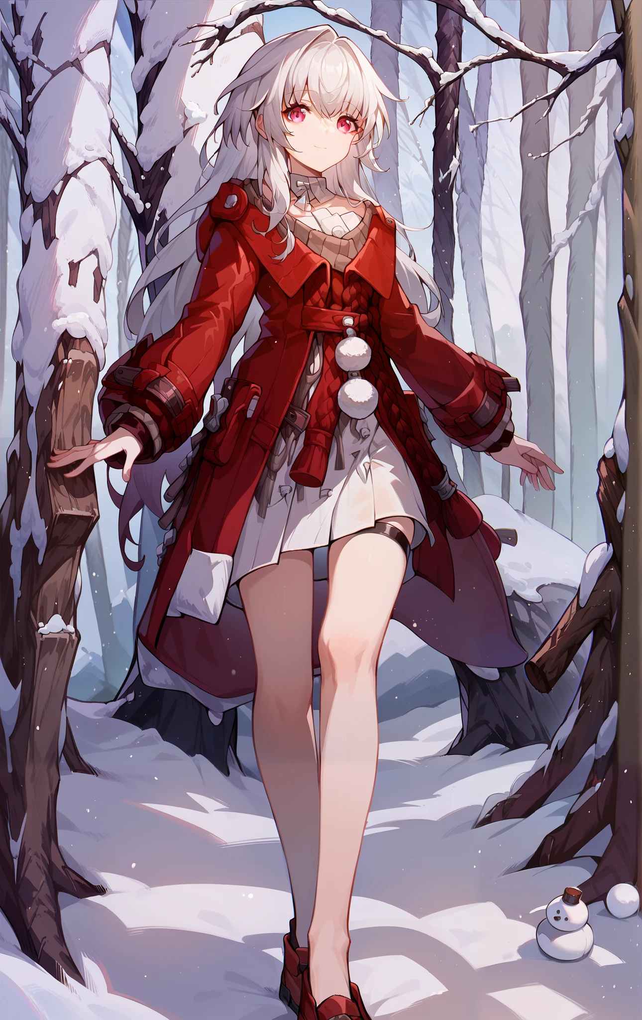 1girl, clara \(honkai: star rail\), solo, cowboy shot, looking at viewer, red coat, white dress, detached collar, sweater, snow, outdoors, snowman, light smile score_9, score_8_up, score_7_up  