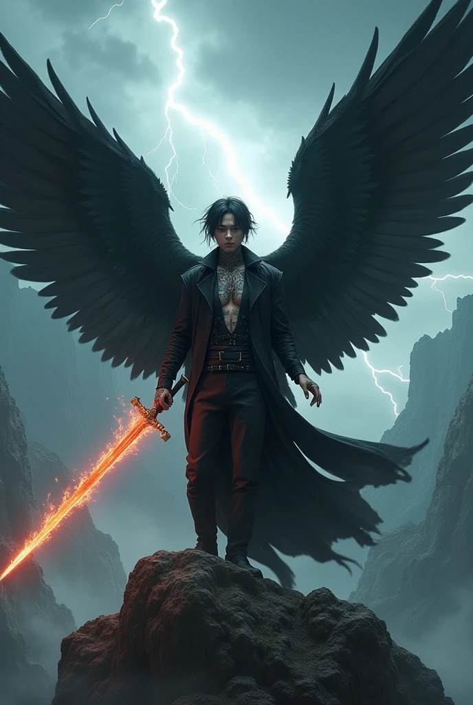 masterpiece, best quality, ultra high res, beatiful, stunning, elegant, incredible details, detailed, aura, flying debris, flying feathers, (bright green theme:1.1), perfect drawn face, cinematic lighting, ultra-high quality, 8k, full body, man, long flowing black hair, handsome and delicate face, rainy sky, snow white skin, Black overcoat, no shirt, abs, green details, black pants, looking at viewer, posing, holding sword, dnd, cifer ulquiorra, armed with a glowing green katana, Black gloves, black high boots, (big angelical black wings:1.2), black horned crown, Simple background, solo, grin, evil looking, big scar on chest, dark souls style, aura, menacing, anime