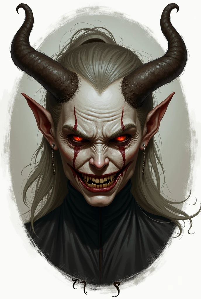 Face of a very grotesque demon with horns and many teeth too terrifying 