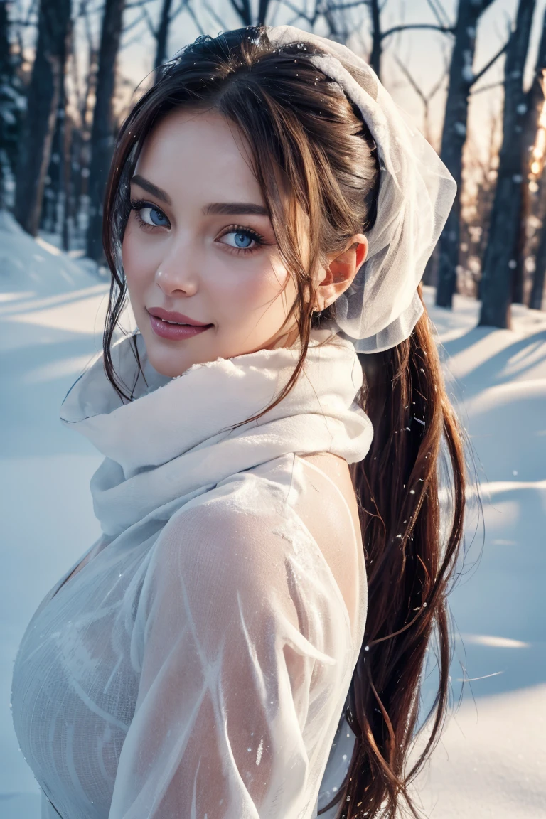 A serene landscape of a snowy winter forest, with a subtle blue-green hue and a touch of frost,1girl standing in the center, beautiful detailed eyes, beautiful detailed lips, extremely detailed eyes and face, long eyelashes, porcelain skin, elegant expression, flowing white dress, bare feet, (best quality,4k,8k,highres,masterpiece:1.2),ultra-detailed,(realistic,photorealistic,photo-realistic:1.37),landscape, fantasy, ethereal, soft lighting, mist, snowflakes, cold atmosphere, glowing aurora borealis in the sky