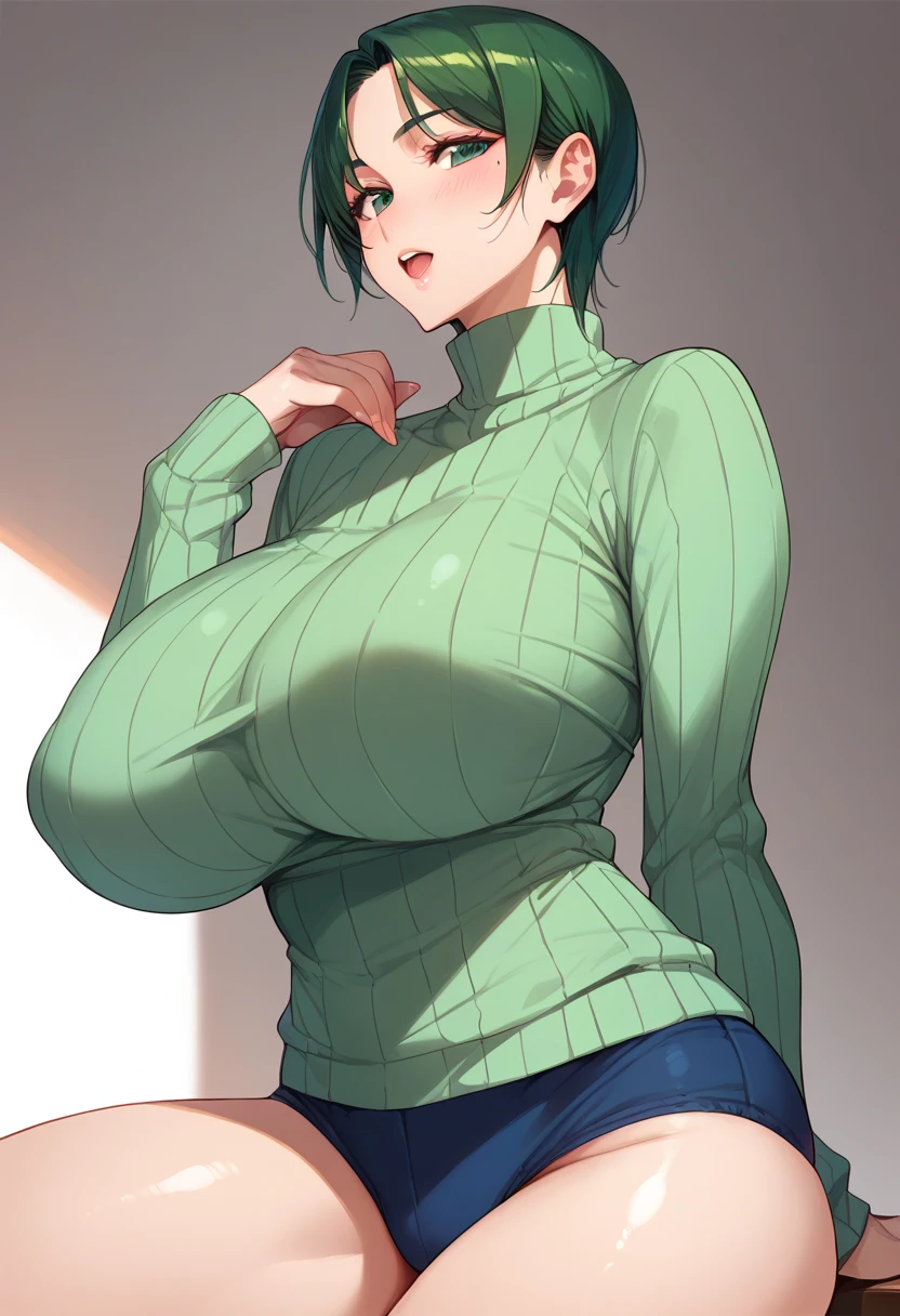 momokino , large breasts, short hair, green hair, mole, buruma,  huge breasts、ribbed sweater,