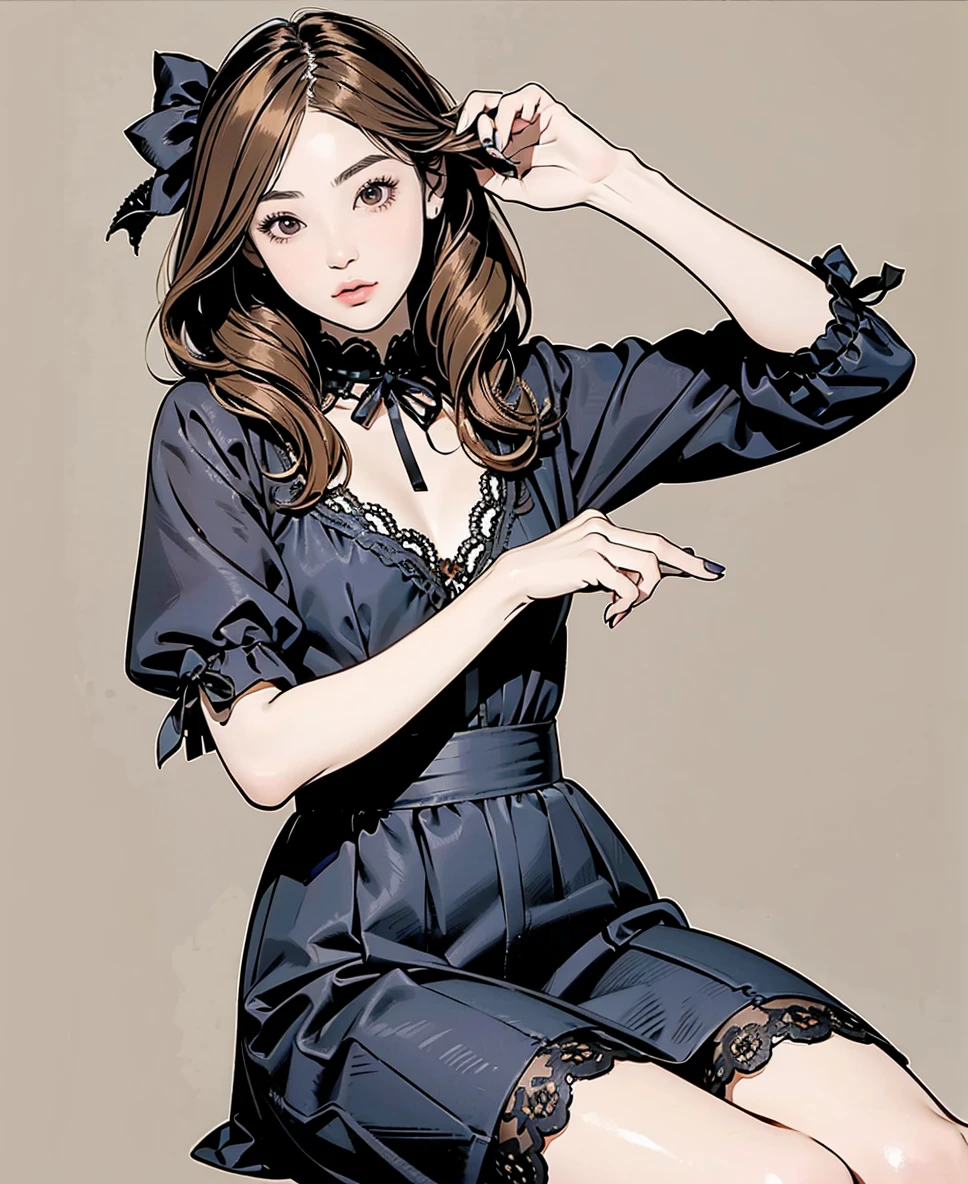 (1 girl) 、Create an "Gothic Lolita" scene where a beautiful dark gray-eyed Japanese young highschool girl .gold color highlight hair,ash brown color hair,巻き髪、 hairstyle、sitting, Flat Color、simple background、少し口が開いている
BRAKE
、 1 girl, solo, ((Gothic Lolita wearing)),hair crip,(dynamic angle:0.9) 1woman 、 (dutch angle dynamic pose:1.3) 
BREAK 
 beautiful absurdres、 highres extremely detailed、 high quality detailed background 、4k 、8k 、wallpaper 、
