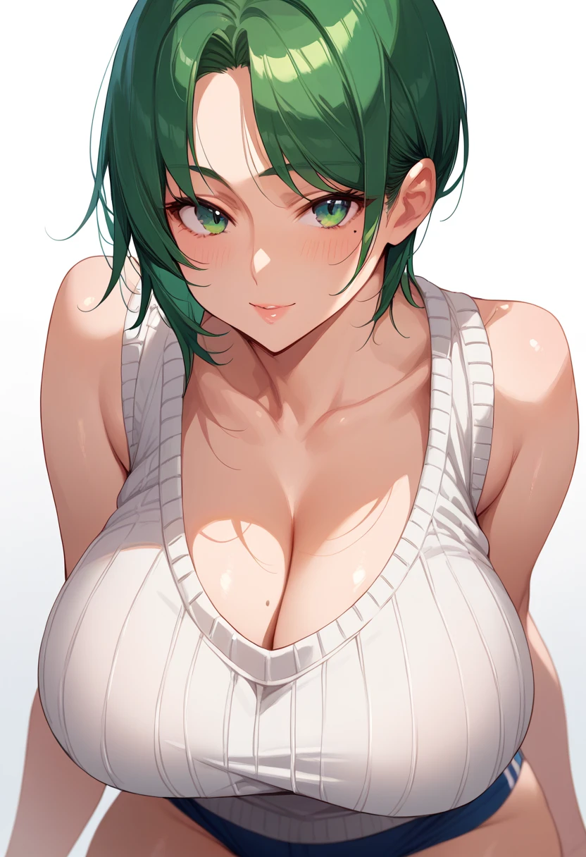 momokino , large breasts, short hair, green hair, mole, buruma,  huge breasts、sleeveless sweater, cleavage,