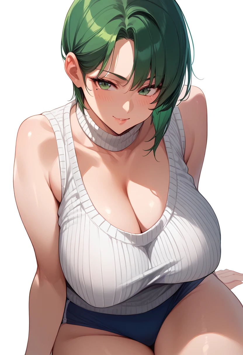 momokino , large breasts, short hair, green hair, mole, buruma,  huge breasts、sleeveless sweater, cleavage,