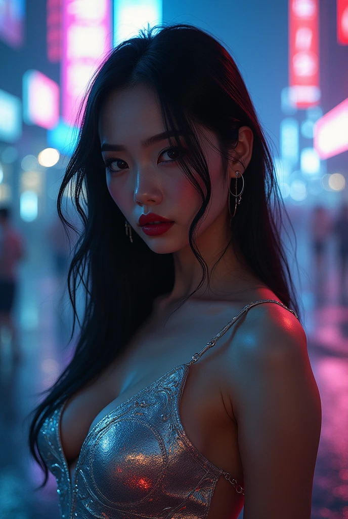 portrait, 1 asian naked girl, beautiful face, asymmetrical hair, multi-colored hair, belt, bodysuit, covered mouth, covered navel, detached sleeves, grey eyes, hip vent, open jacket, exposed breast, cute, look at viewer, night city, neon, rainy,