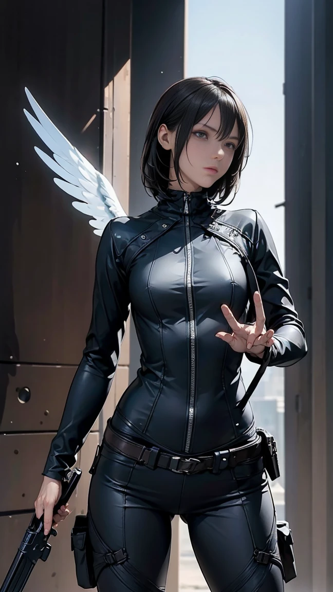 fallen angel colombian woman, black wings, light skin, very green eyes, green eyes, green eyes, green eyes, green eyes, short shoulder-length black hair, wearing a white dress and a leather black jacket