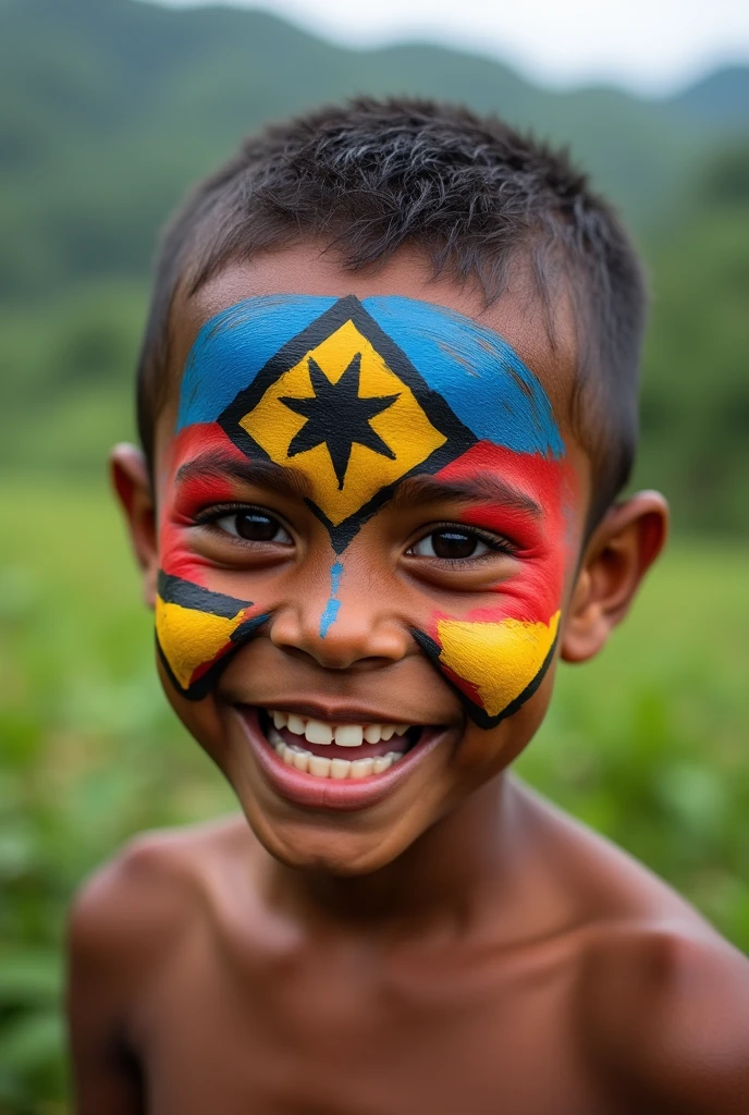 Create a close-up image of a cute little child with the Indonesian flag painted on their face. The child has a cheerful and innocent expression, with wide eyes and a gentle smile. The red and white colors of the Indonesian flag are vividly displayed on the child's cheeks. The background is simple and unobtrusive, ensuring that the focus remains on the child's face and the flag. The lighting is soft and natural, highlighting the child's joyful and playful expression."
