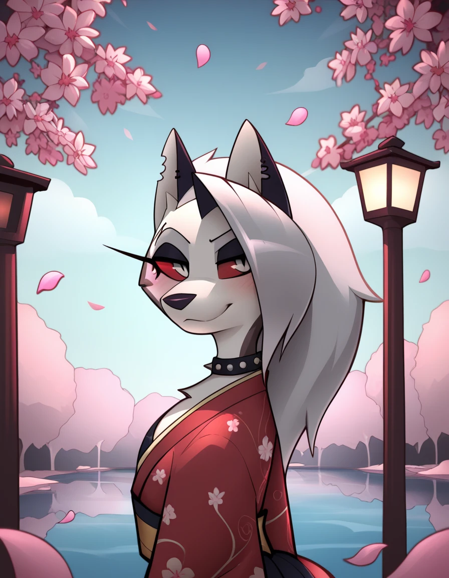 Loona (Helluva Boss), the striking hellhound with red sclera and elegant gray and white fur, standing confidently near a serene lake surrounded by a dense forest of cherry blossoms. She wears a fluid ensemble inspired by a pastel-colored kimono, tailored to her figure, with delicate floral motifs and subtle gold embroidery. The design features a high slit on one side and soft, sheer fabric that sways in the breeze, accentuating its elegant stance.

Loona has a calm but provocative expression, with a slight confident smile as the pink sakura petals fall gently around her. The soft, dappled light on his fur and his attire. The lake behind it reflects the stunning pink hues of the sakura trees and the clear blue sky, creating a calm, dreamlike atmosphere. Masterpiece, highly detailed cinematic lighting, vibrant colors, smooth textures, character-focused composition.