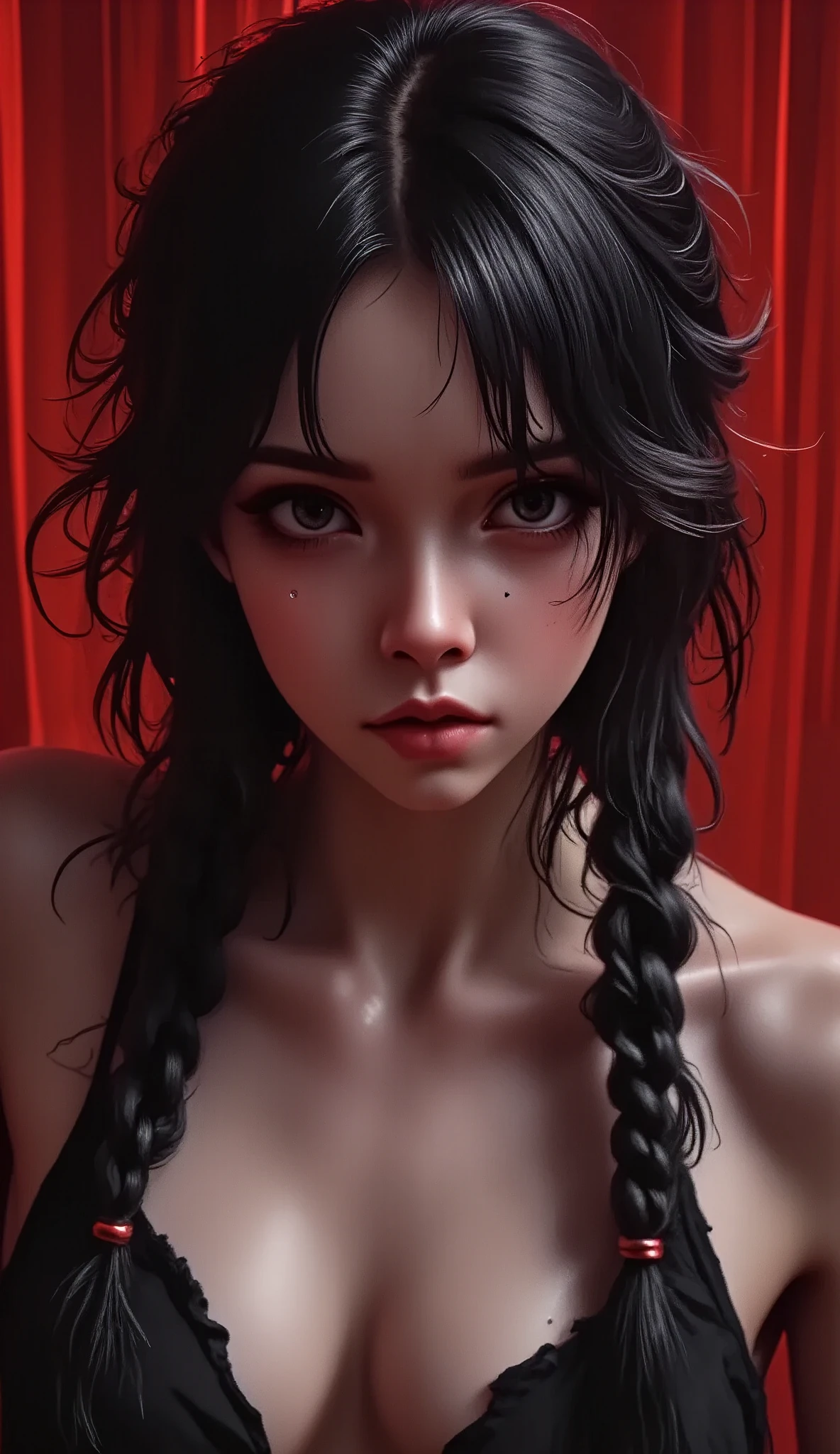 The camera is focusing from above ,  red background ,  black hair, emmo, Dark, Gothic, A painting of a woman with long twin braids and perforations,  a portrait of a character made by Loish  ,  winner of the pixiv contest, Gothic art, Artgerm and Ilya Kuvshinov,  1 7 - year - old anime goth girl , detailed portrait of an anime girl, neoartcore y charlie bowater,  extremely detailed art artgerm 