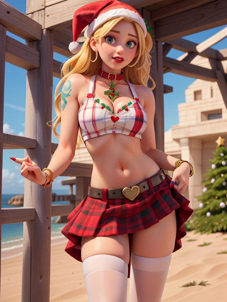 pretty woman with pigtails, blonde hair, crop top, plaid skirt, lifted skirt, white panties, stockings, on a beach, cleavage