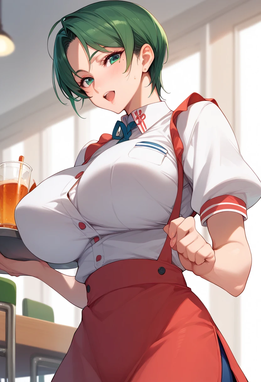 momokino , large breasts, short hair, green hair, mole, buruma,  huge breasts、waitress,