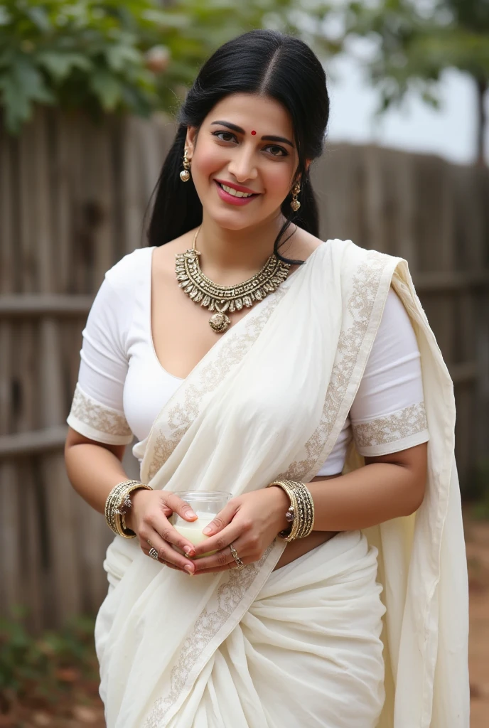 full body,front view,full body,big boobs,white saree bride,holding milk glass,traditional,body facing to camera,walking position,long necklace,smile,indian curvy body, jewellery,traditional beauty