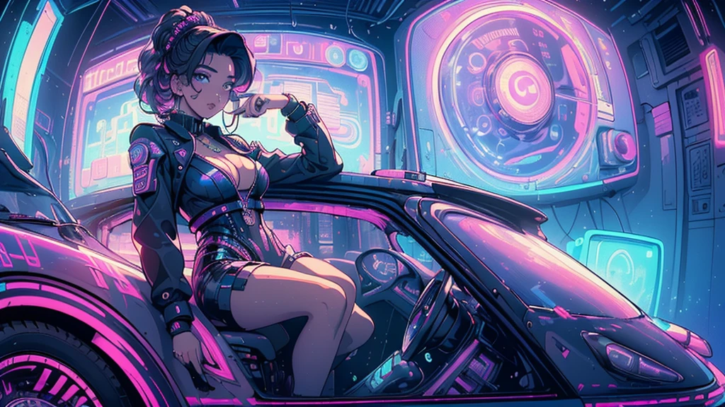 Hot Girl, car, vectorized, synthwave, purple blue red orange, bright neon colors on a dark background,