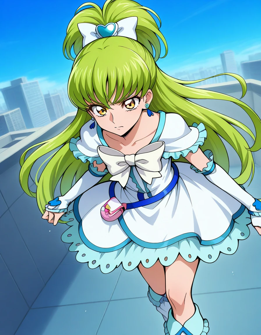 c.c.,  green hair, yellow eyes,  long hair, Decent face, clothing,(dress, jewelry, earrings, magical girl, half updo, cure white, frills, bowtie, white bowtie, gloves), blue sky,  building roof, Roundhouse kick, excitement , Action effect, Gust of wind,  from before,  is written by, masterpiece,  top quality