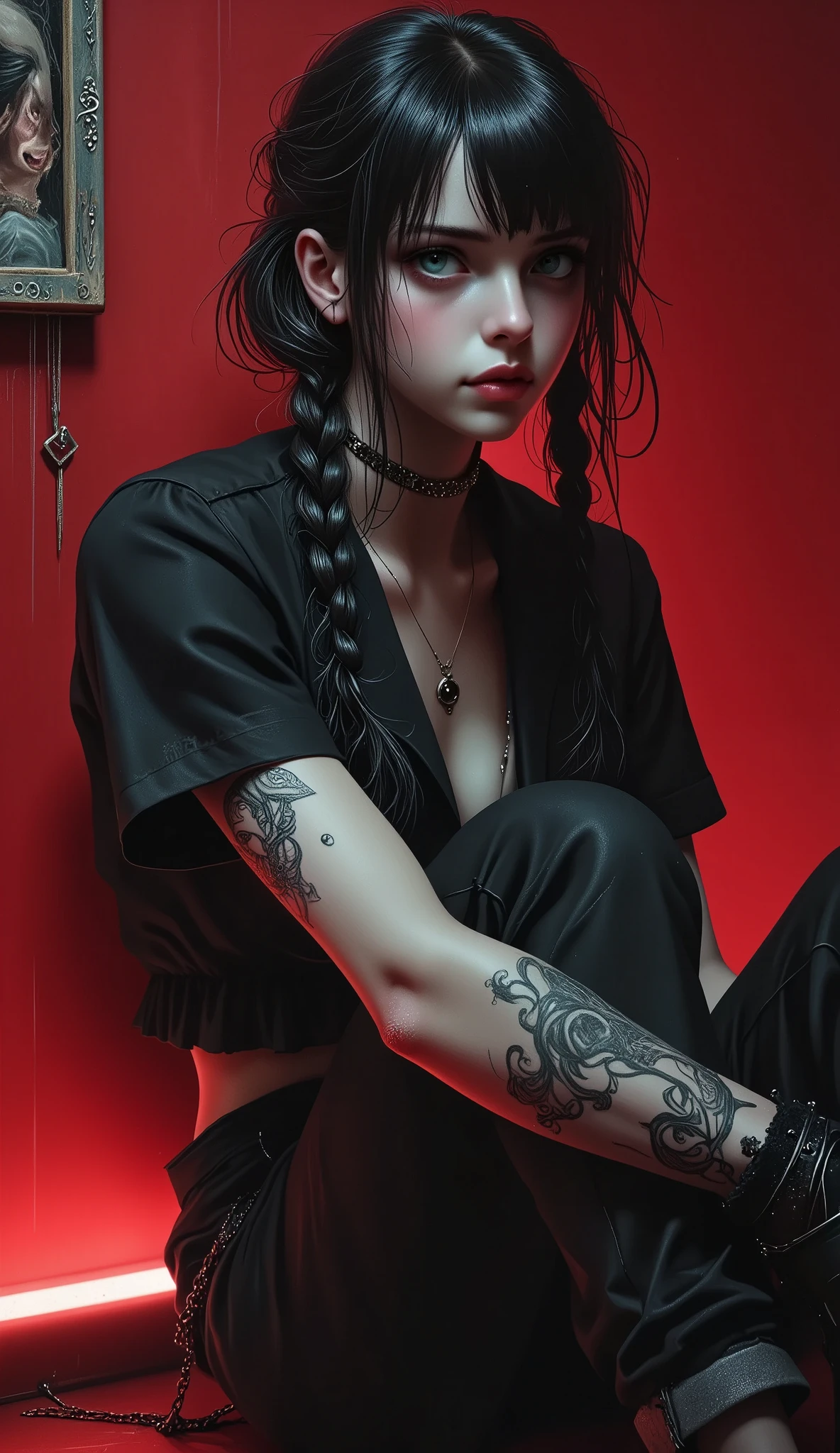  the camera is focusing from above:1.5,  red background ,  black hair, emmo, Dark, Gothic, tattoos on face and body ,  A painting of a woman with long twin braids and perforations,  a portrait of a character made by Loish  ,  is sitting on the floor ,  winner of the pixiv contest, Gothic art, Artgerm and Ilya Kuvshinov,  1 7 - year - old anime goth girl , detailed portrait of an anime girl, neoartcore y charlie bowater,  extremely detailed art artgerm 