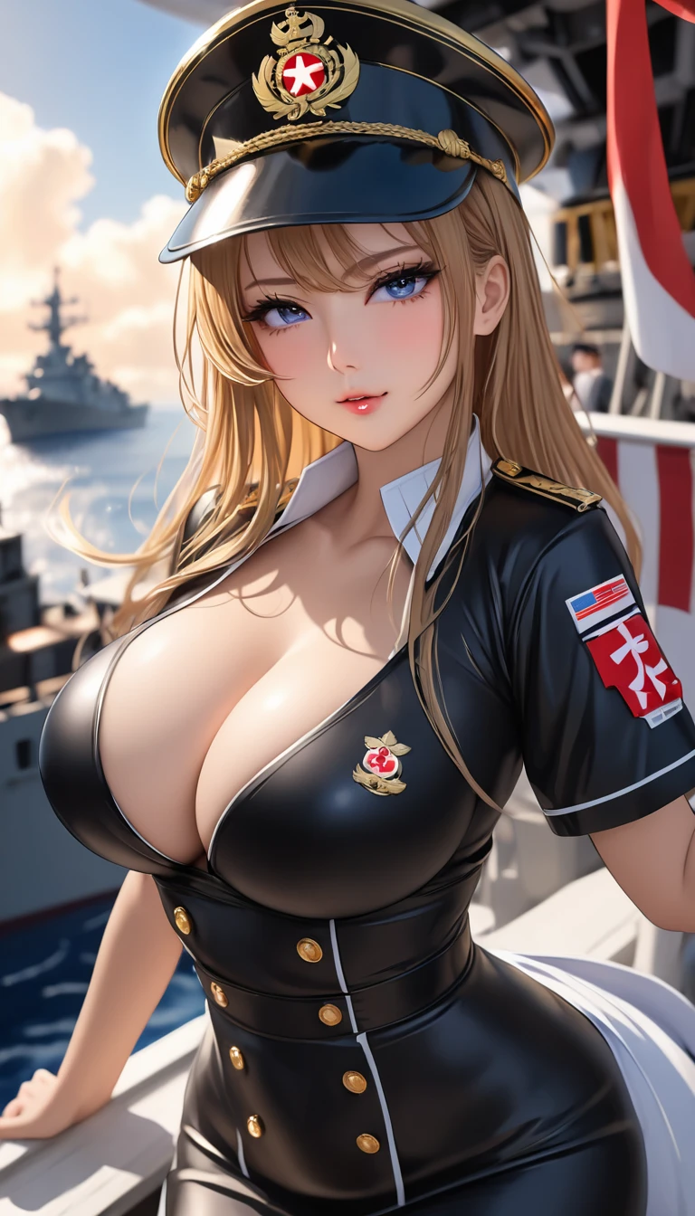 Masterpiece,Best Quality, beautiful eyes, cinematic lens effect, highly dramatic picture, ultra detailed, depth of field, medium full length, 8k, ultra cute , ultra sexy, ultra bouncy, horny, pervert, Dutch angle, ((busty bitches )), ((supermodel )),  ((Japanese imperial Navy)), 1girl, Ecchi girl in nurse costume, firm expression, saluting , shiny complexion, black and gold clothes, military ship,