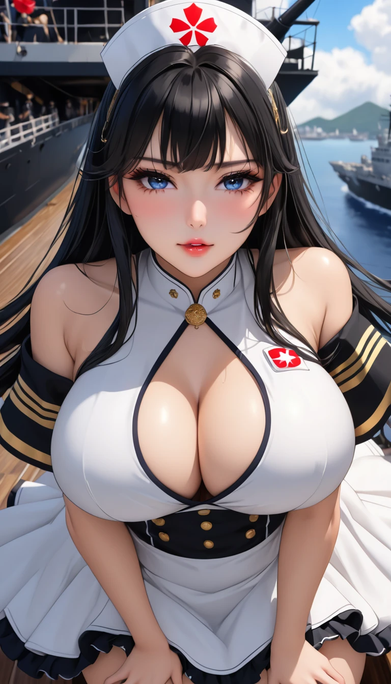 Masterpiece,Best Quality, beautiful eyes, cinematic lens effect, highly dramatic picture, ultra detailed, depth of field, medium full length, 8k, ultra cute , ultra sexy, ultra bouncy, horny, pervert, Dutch angle, ((busty bitches )), ((supermodel )),  ((Japanese imperial Navy)), 1girl, Ecchi girl in nurse costume, firm expression, saluting , shiny complexion, black and gold clothes, military ship,