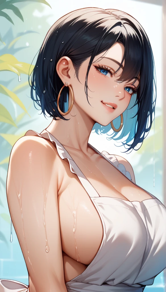 score_9, score_8_up, score_7_up, score_6_up, score_5_up, score_4_up, yu hee, blue eyes, black hair, short hair, large breasts, naked ,wet apron, oversized hoops earrings,big earrings , biting lips