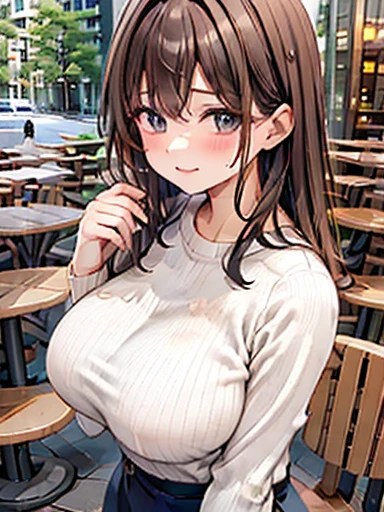 woman、knit shirt、brown hair、medium hair、、sweat、G Cup,large breast,voluptuous