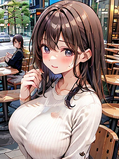 woman、knit shirt、brown hair、medium hair、、sweat、G Cup,large breast,voluptuous