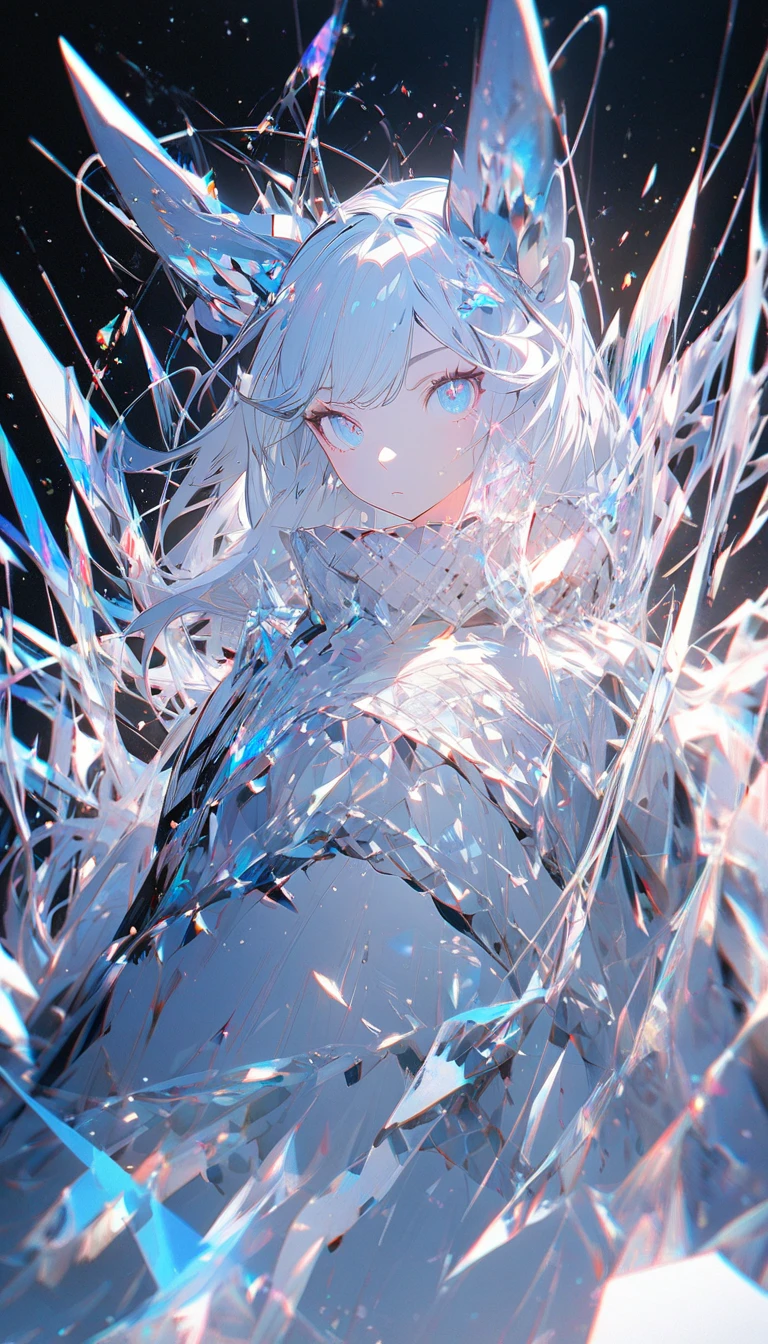 A girl with white hair. Dark purple background with various details of red glows. Just torso up. She stands on her side and wears two ponytails. His reddened eyes glow with strong, red lights coming out of him. He's looking at the observer. best quality