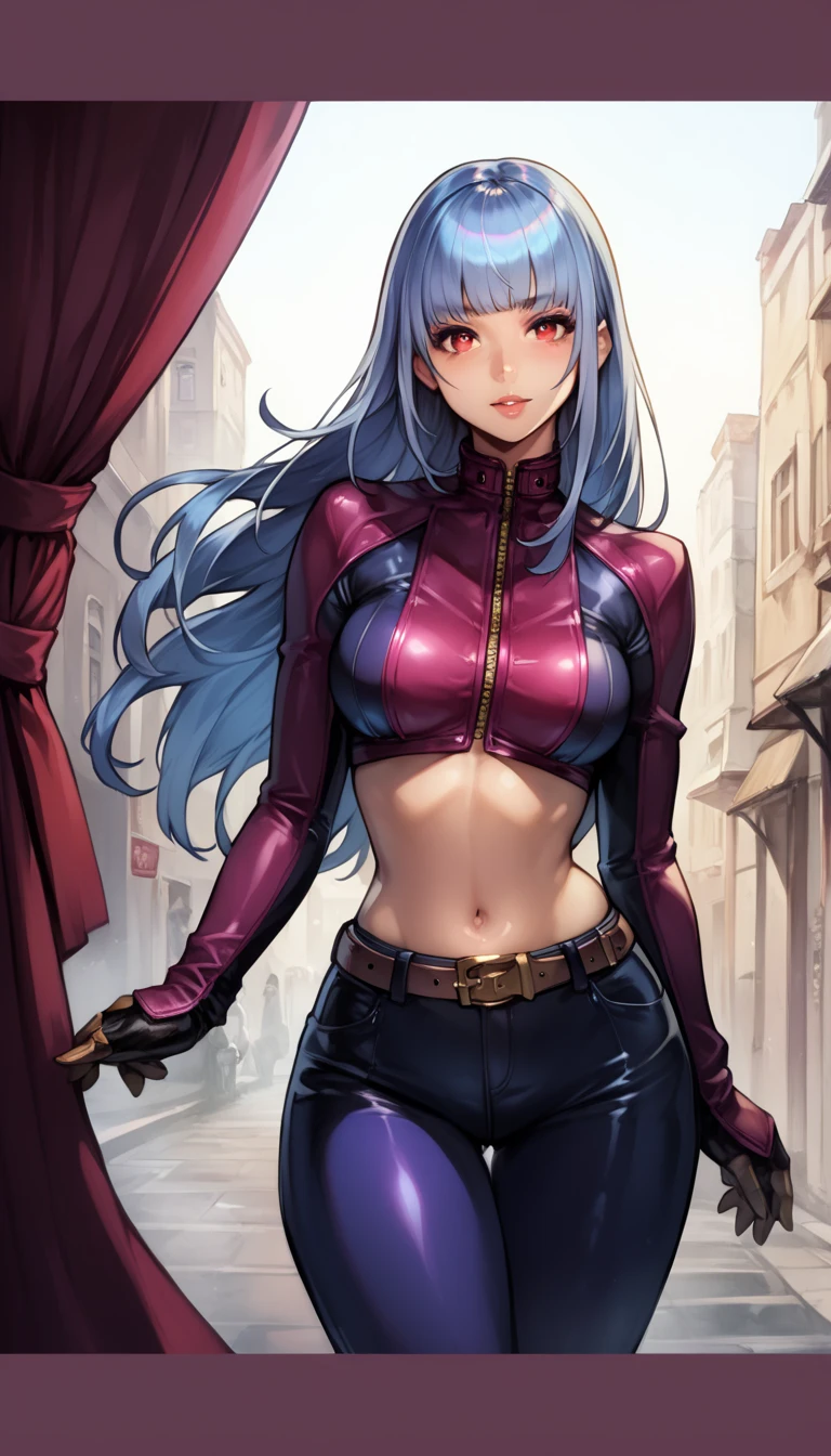 score_9, score_8_up, score_7_up, score_6_up, source_anime,pixiv,BREAK, 1girl,Kula,(KOF),(solo),(high-level image quality),(hight quality),(hight resolution),(detailed),(masterpiece),(artwork), looking at viewer,pixiv,long hair, silver blue hair,red eyes,2k wallpaper,petite,purple leather jacket,belt,glove,purple leather pants, realistic,