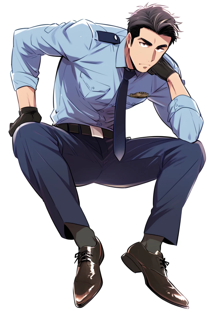 male focus, solo, ikemen, mature, male only, tough man, bold, eyes fix, flat chest, sturdy waist, 50 years old, office worker, collared shirt, tie, three piece suit, belt, slacks, tight clothes, whole body, sitting, invisible chair,  looking at viewer, (white background, simple background:1.5), masterpiece, best quality, mta, foor worship, showing his socked foot:2, long tube calf black or blue fancy socks,, dominating male pose:2, muscle, lick his shoe sole, policemen guy, long shot:1.5 