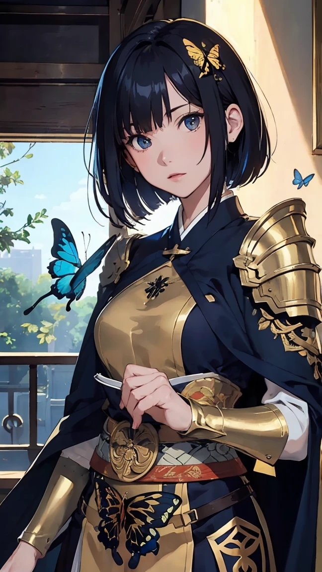 
“(masterpiece:1.2), best quality, ultra-detailed, anime style, Japanese-inspired fantasy warrior, elegant female character, dynamic pose, black hair bob cut, butterfly hair accessory, purple and gold decorations, beautiful eyes, smooth and clear skin, ornate blue and gold armor with floral motifs, luxurious cape with butterfly designs, holding a golden and black ornate firearm, flowing feathers and dynamic motion, background of a grand Japanese castle with blue skies, glowing butterflies, vibrant colors, high contrast, fantasy atmosphere, powerful yet graceful warrior, light and shadow balance, intricate details, ethereal and dynamic composition.”