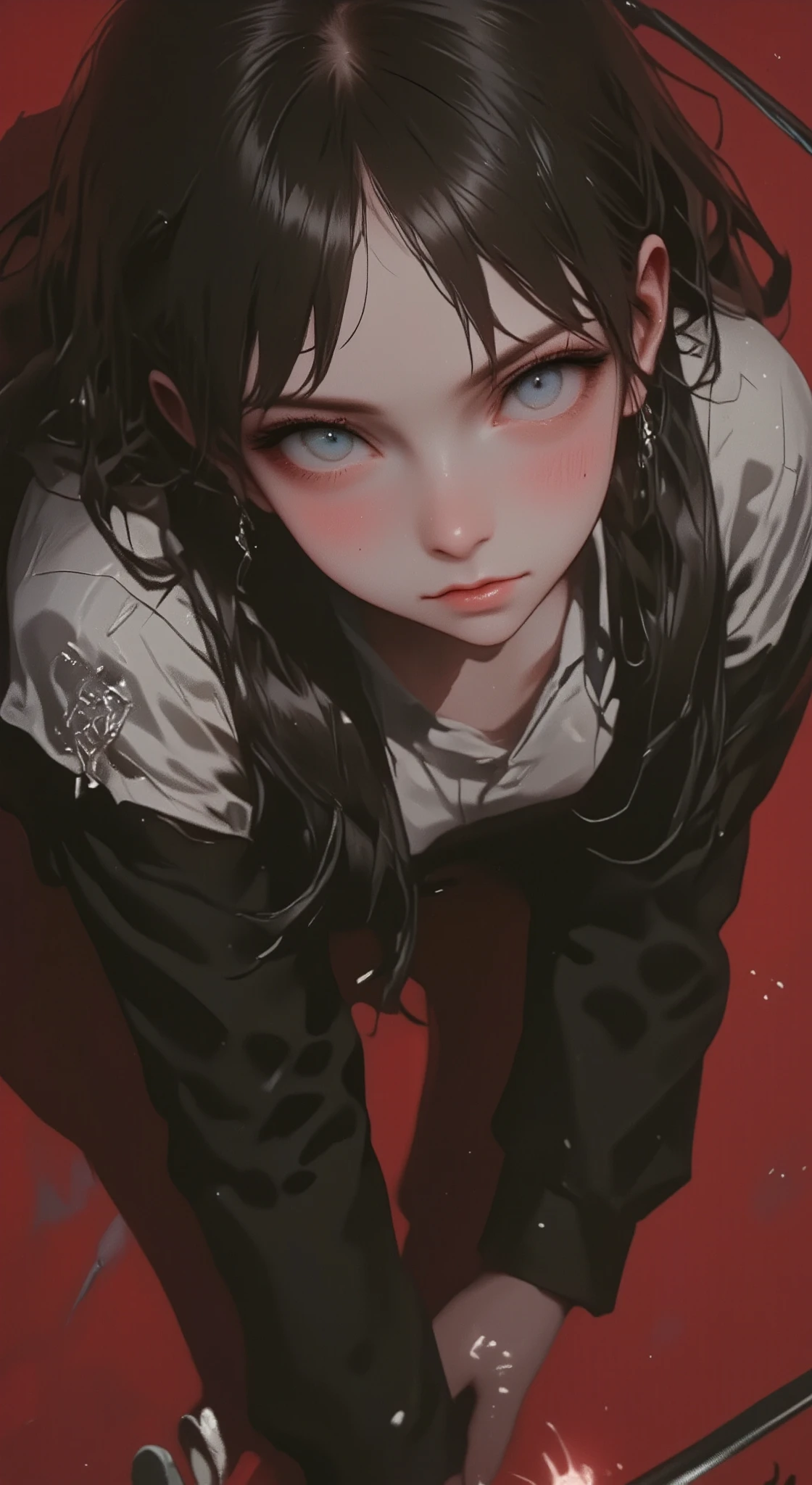 The camera is focusing from above , Wine red background ,  black hair, emmo, Dark, Gothic, A painting of a woman with long twin braids and perforations,  a portrait of a character made by Loish  ,  winner of the pixiv contest, Gothic art, Artgerm and Ilya Kuvshinov,  1 7 - year - old anime goth girl , detailed portrait of an anime girl, neoartcore y charlie bowater,  extremely detailed art artgerm 