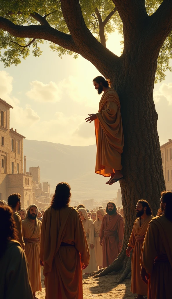 A hyper-realistic photo of Jesus speaking with Zacchaeus the tax collector while Zacchaeus is perched in the branches of a sycamore tree. The image captures the moment with incredible detail, as if it were taken with a high-definition camera. Jesus is depicted standing beneath the tree, looking up at Zacchaeus with a compassionate expression, his hand slightly raised as he speaks. Zacchaeus, dressed in the attire of a wealthy man, looks down from the tree with a mix of curiosity and anticipation. The bark of the sycamore tree is rugged and textured, and the leaves cast natural shadows over both figures. The background includes the crowd of people watching the interaction, adding depth to the scene. The overall setting is in a sunlit, ancient town, with every element rendered in lifelike detail.