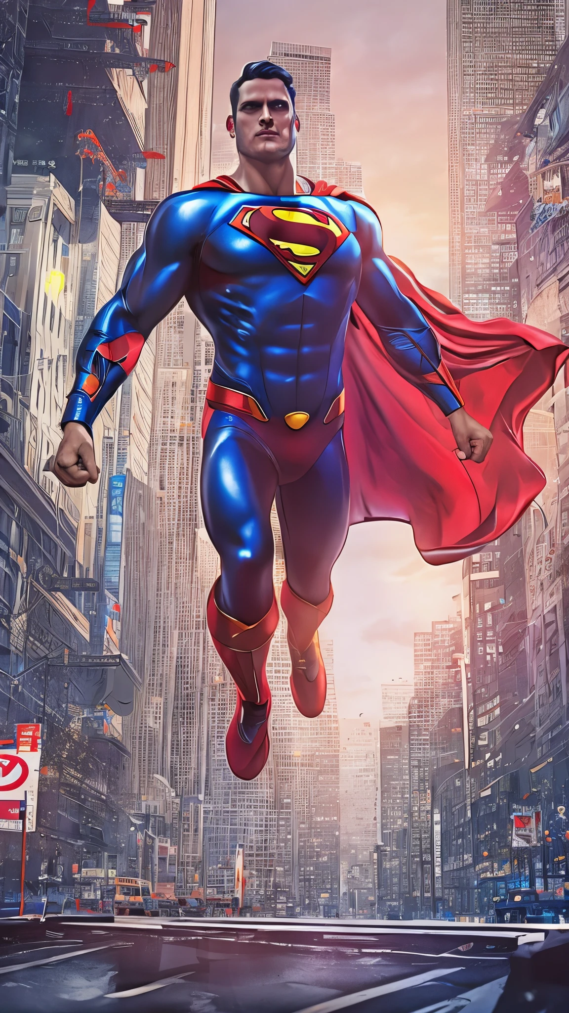  full body high definition image ， Detailed Superman Falling from the Sky、 Cyberpunk,( realistic image ),1 person,Physical Wonders , Cybernetic Guardian ,  as Superman ,  complicated, (Steel Metal ）,  elegant ,  clear focus,  Photographed by Greg Rutkowski , illumination,  bright colors , masterpiece, ((street)),  dynamic pose,