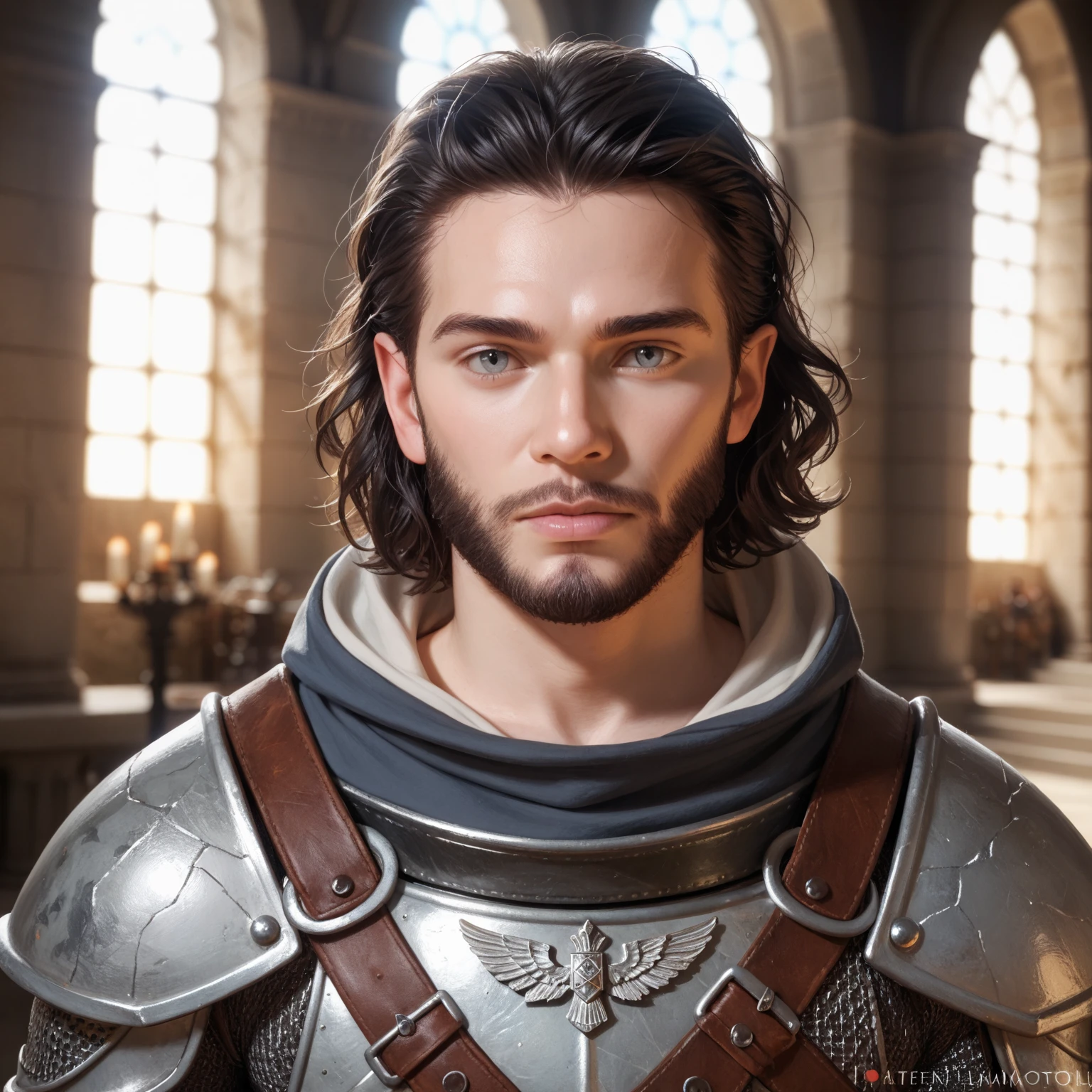 Portrait of a (male) human ranger, front view, (medium shot:1.3), one person standing, tall and slender build, long black hair and beard
BREAK
grey eyes
BREAK
pale skin
BREAK
wearing fantasy world costume of hooded grey clothing and leather armor, realistic background of a fantasy world, (Dungeons_and_Dragons:1.2), (Game_of_Thrones), castle stone ruin, realistic, (photorealistic:1.3), light reflection