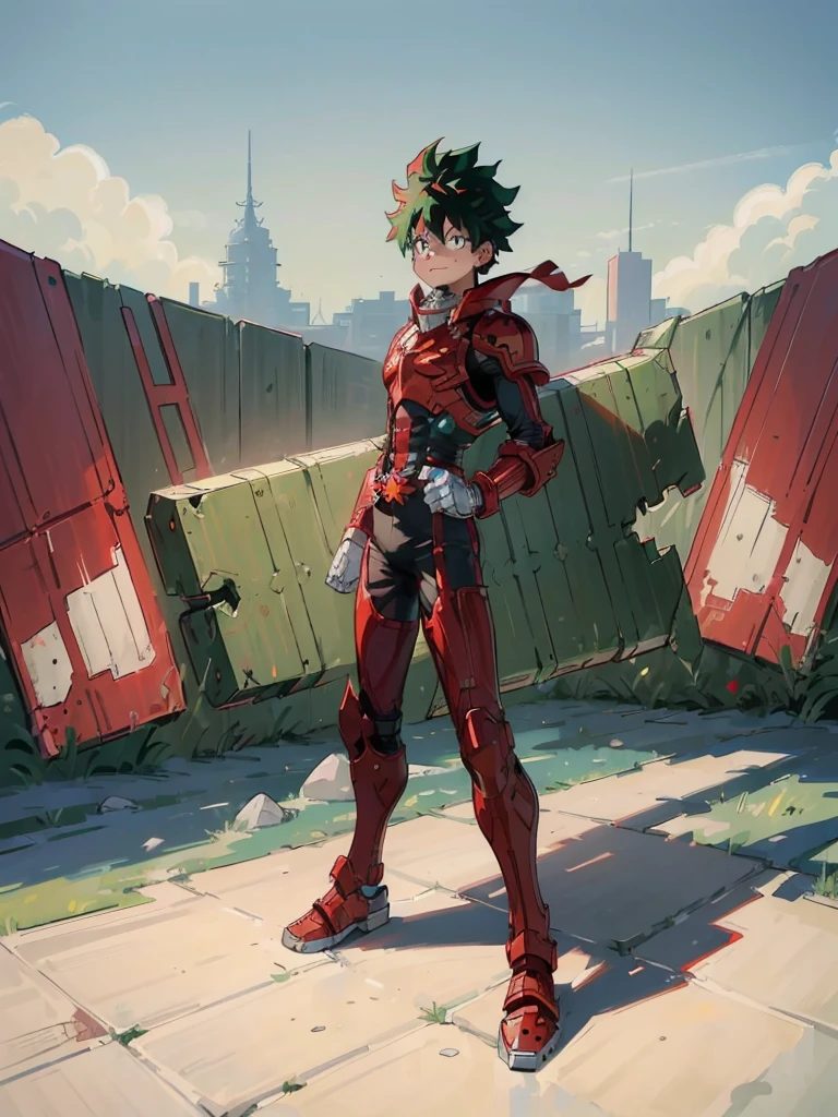 (My Hero Academia Style), ((Izuku Midoriya)), ((The Chapulín Colorado)), (Red armor), (antennas), ((Cyberpunk war hammer)), (red war hammer), ((red combat armor)), ((military combat armor)), (combat armor), (looking at viewer), (full body photo: 1.5), (perfect hands), (perfect anatomy), 