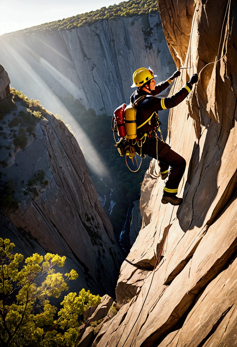 rappelling ,  firefighter making a quick descent on a cliff, 