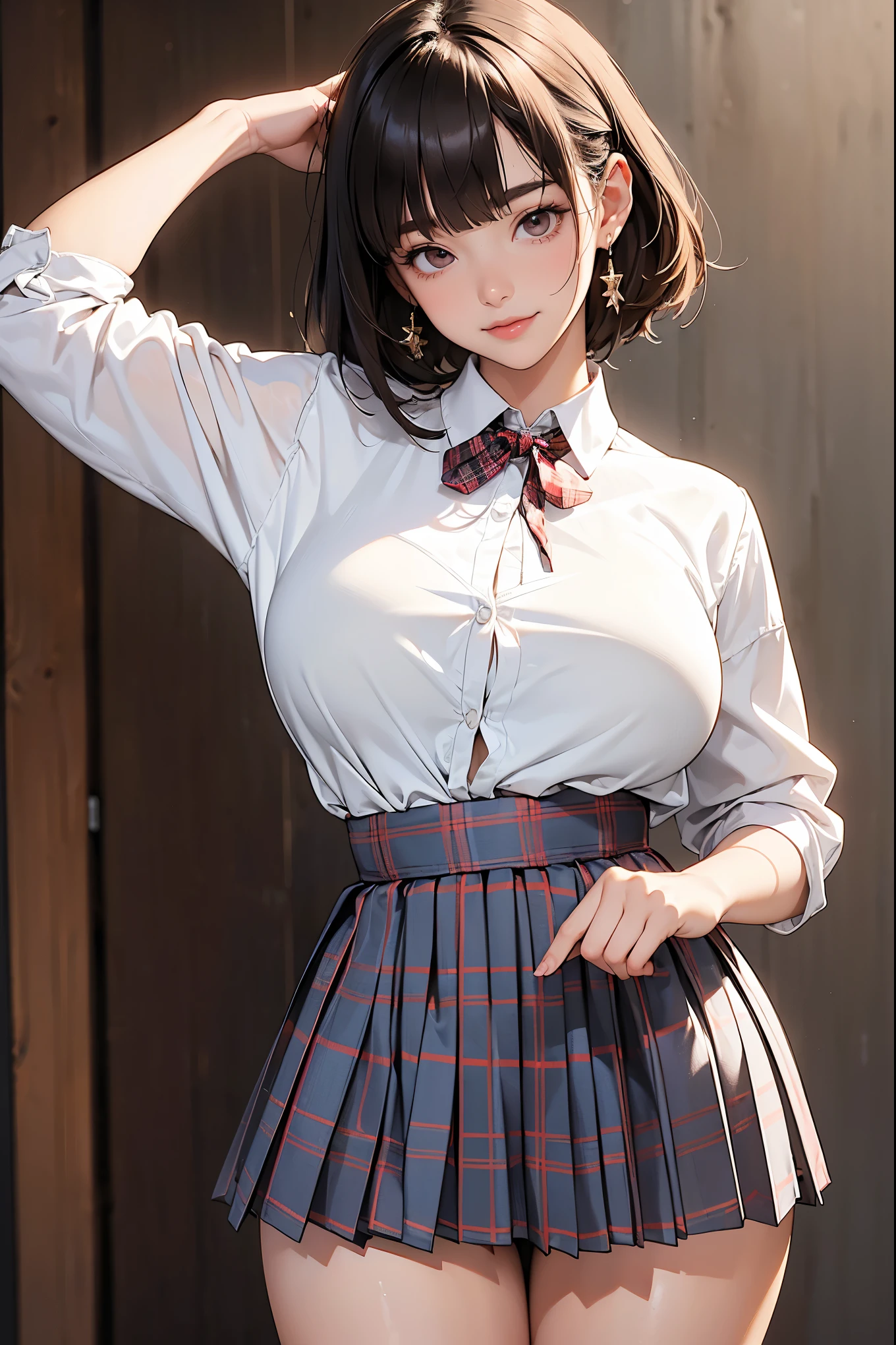 (masterpiece:1.4)、(highest quality:1.4)、ultra high resolution、beautiful features、20 year old woman、Black hair bun hair、blunt bangs、brown eyes、gray long sleeve collared shirt、Plaid skirt、(huge breasts:1.2)、red face、smile、Stand against the wall、Arms behind the body、bust up shot