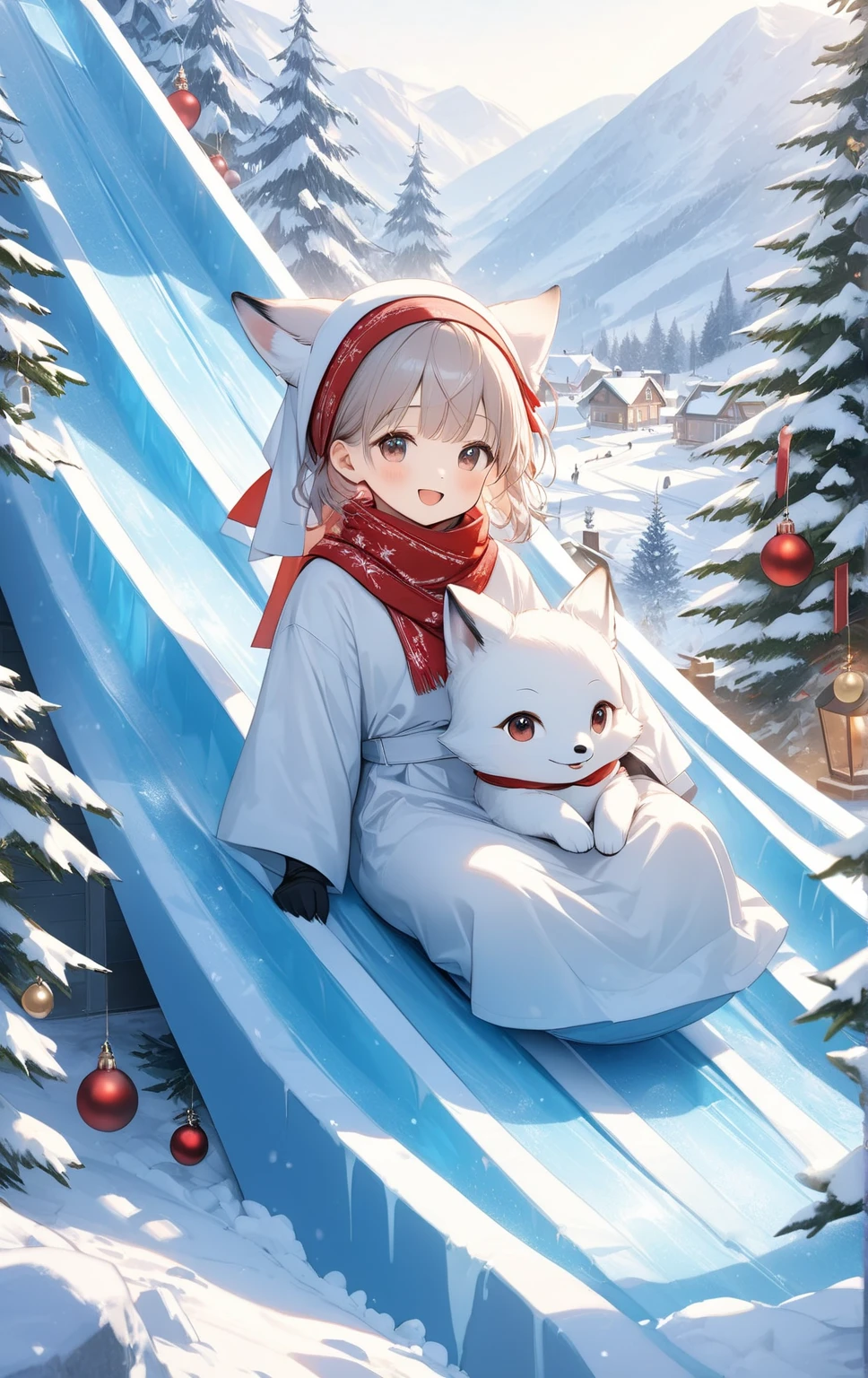   masterpiece :1.2， top quality，      high definition    ，8ｋ， long big ice slide，Steep down and slide down  ，   white baby fox  ，    I wrapped a small red bandana around my neck  、cute,  Priest ,     Details，  PROFESSIONAL PHOTO SHOOTING ，  happy expression，  Christmas Winter Scenery ，