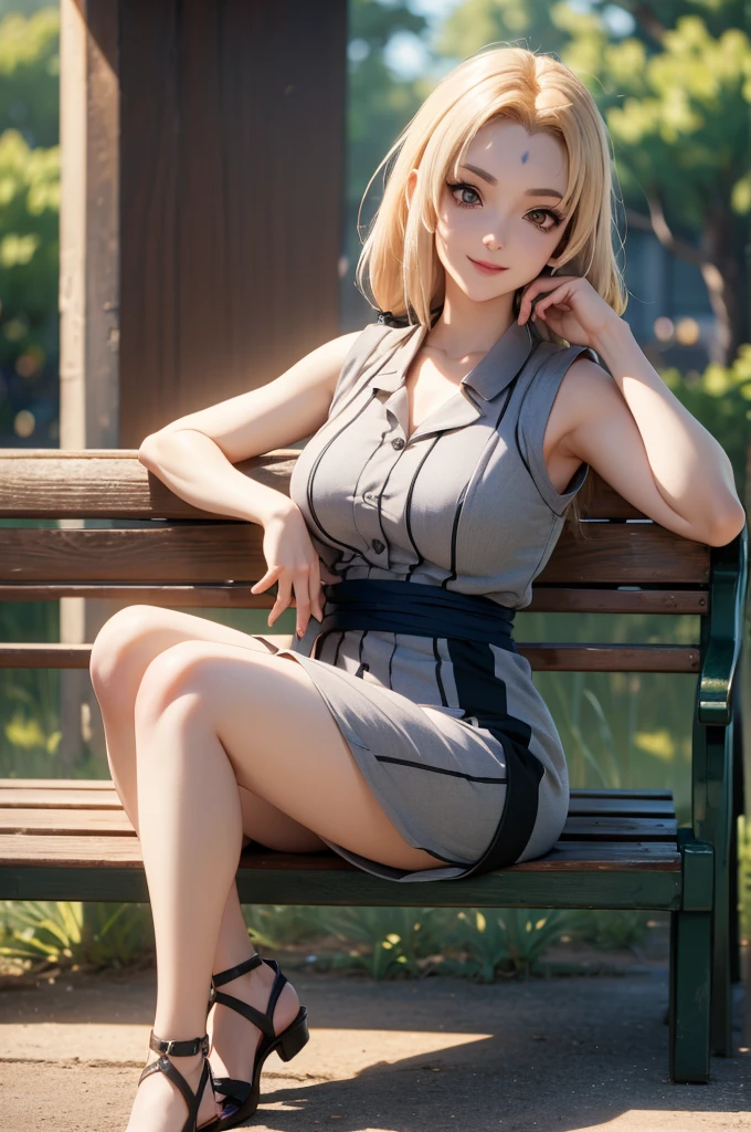 ((Best Quality)), ((masutepiece)), (Detailed), Perfect face、Leg Crossing、fullllbody、White hair、A slight smil、in woods、realisitic、Bright sunlight、Delicate、Big、poneyTail