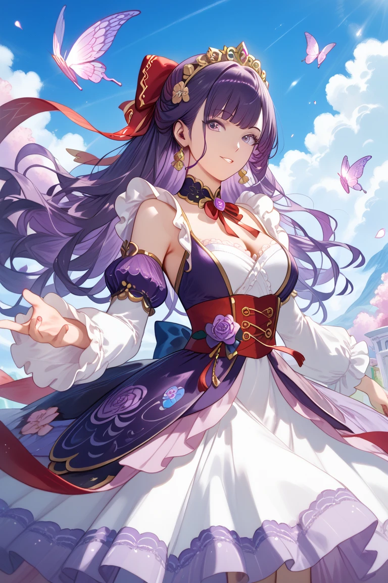 ((masterpiece,highest quality)),One girl,Beautiful fine details, detailedな顔, (whole body:1.2), 1 girl, solo,a girl,

"A young woman with flowing, dark purple hair styled elegantly to complement her graceful appearance, wearing a beautifully intricate costume. The costume matches the design from the image: a fantasy-inspired dress with lavender and deep purple hues, adorned with delicate lace trims, golden accents, and tied red ribbons on the sleeves. The bodice is detailed with ruffles and a stylish dark sash around the waist, flowing into layered skirt panels and ethereal sleeves that create a dramatic, elegant effect. She stands in a poised, confident stance, with a serene expression, evoking a mystical and magical atmosphere. The dress showcases vibrant details, including symmetrical patterns and soft textures, blending fantasy and traditional elements seamlessly."