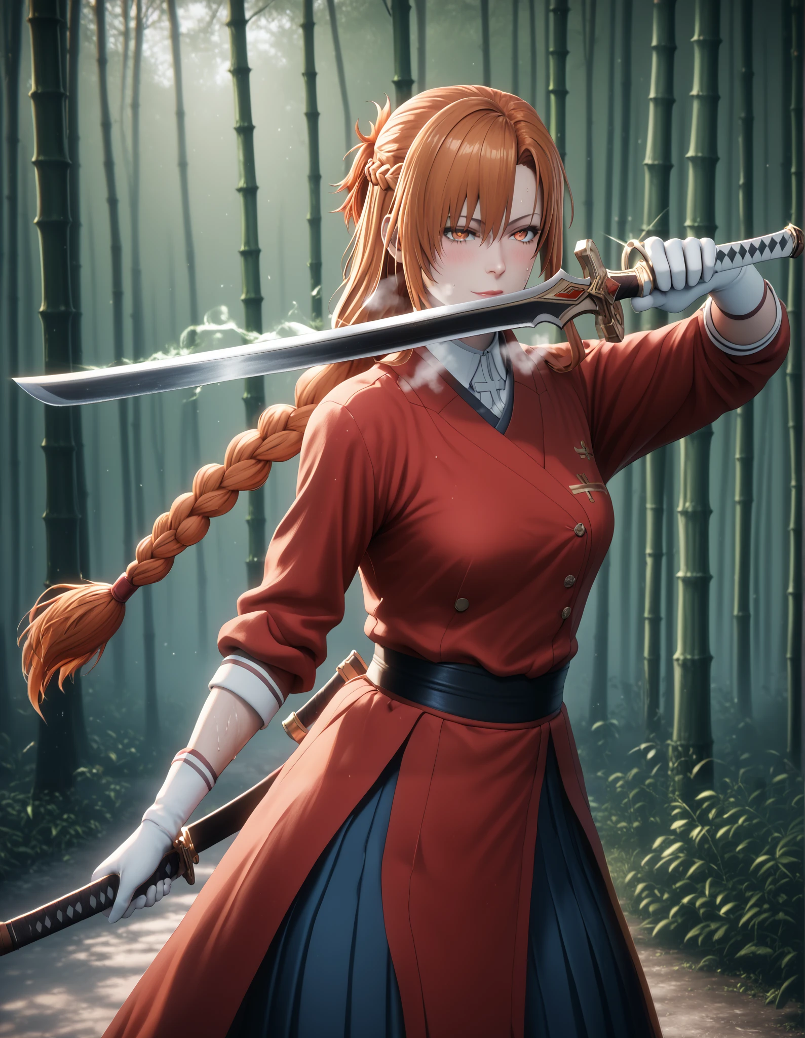 score_8_up, score_6_up, uncensored, asuna yuuki, orange hair, fold, braid, long hair, orange eyes, naughty face, shiny skin, sweating, BREAK detailed eyes, (perfect hands, perfect anatomy), (glow effects:1.3), godrays, Hand drawn, render, 8k, octane render, cinema 4d, blender, dark, atmospheric 4k ultra detailed, cinematic, Sharp focus, big depth of field, Masterpiece, colors, 3d octane render, 4k, concept art, trending on artstation, hyperrealistic, Vivid colors, extremely detailed CG unity 8k wallpaper, trending on CGSociety, Intricate, High Detail, dramatic, (gasping, heavy breathing:1.2), excessive sweating, sweating profusely, sweating drop BREAK, 1girl, sword, solo, forest, gloves, nature, holding, bamboo_forest, japanese_clothes, sheath, holding sword, (aura:1.2)
