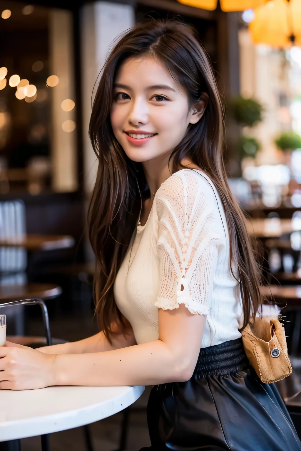 A beautiful young woman with long reddish-brown hair smiles warmly while sitting in a cozy modern cafe. She is dressed in a delicate white lace top, exuding a relaxed yet stylish vibe. The cafe background features soft lighting, a coffee machine, and cups arranged neatly, creating a warm and inviting atmosphere. The setting suggests a peaceful and intimate moment, with a casual and friendly ambiance. The woman’s outfit with transparent lavender pantyhose, posture are elegant yet casual, enhancing the overall aesthetic of a trendy urban cafe scene. Realism, Photorealistic, masterpiece, 8k