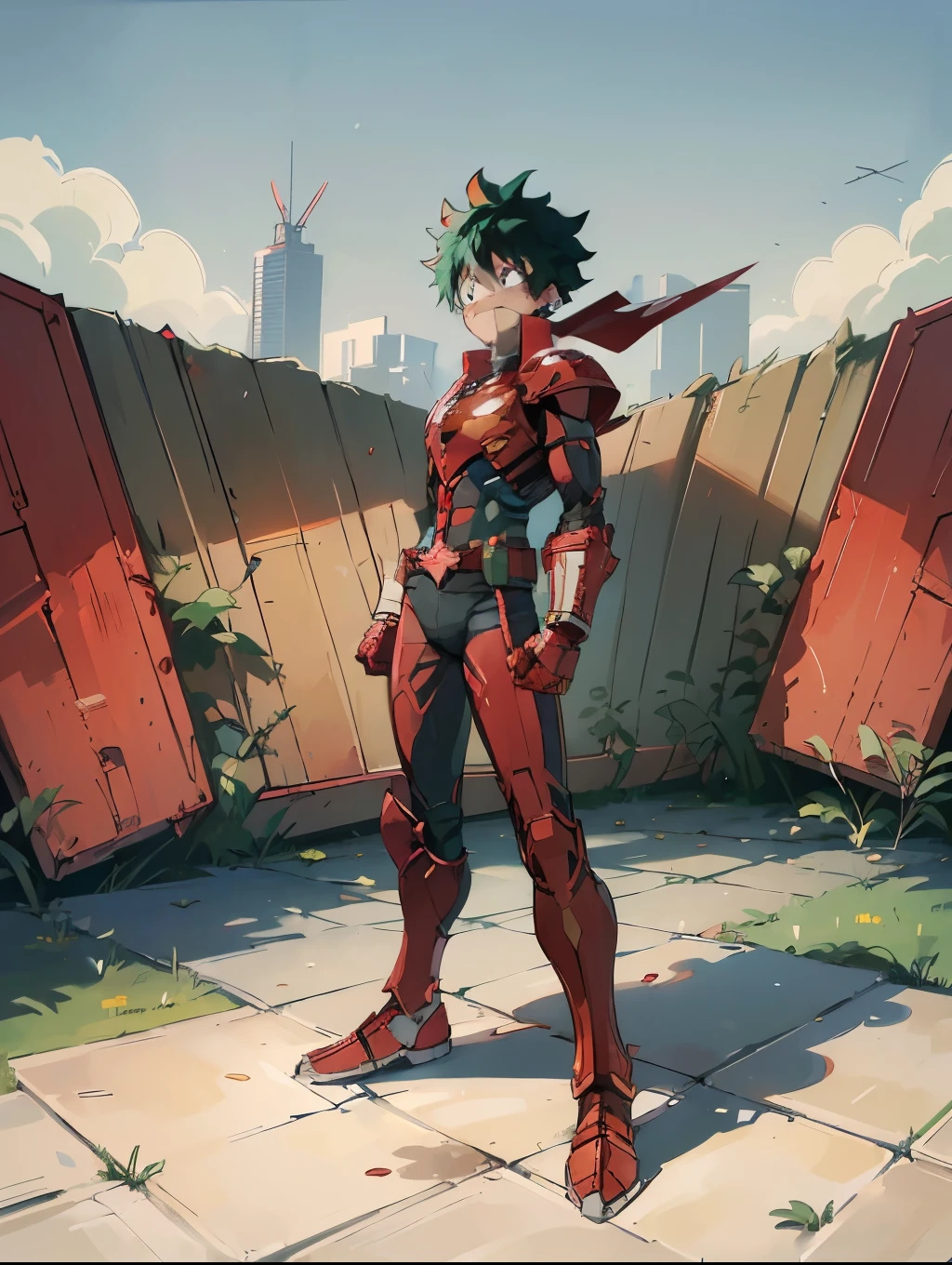 (My Hero Academia Style), ((Izuku Midoriya)), ((The Chapulín Colorado)), (Red armor), (antennas), ((Cyberpunk war hammer)), (red war hammer), ((red combat armor)), ((military combat armor)), (combat armor), (looking at viewer), (full body photo: 1.5), (perfect hands), (perfect anatomy), 