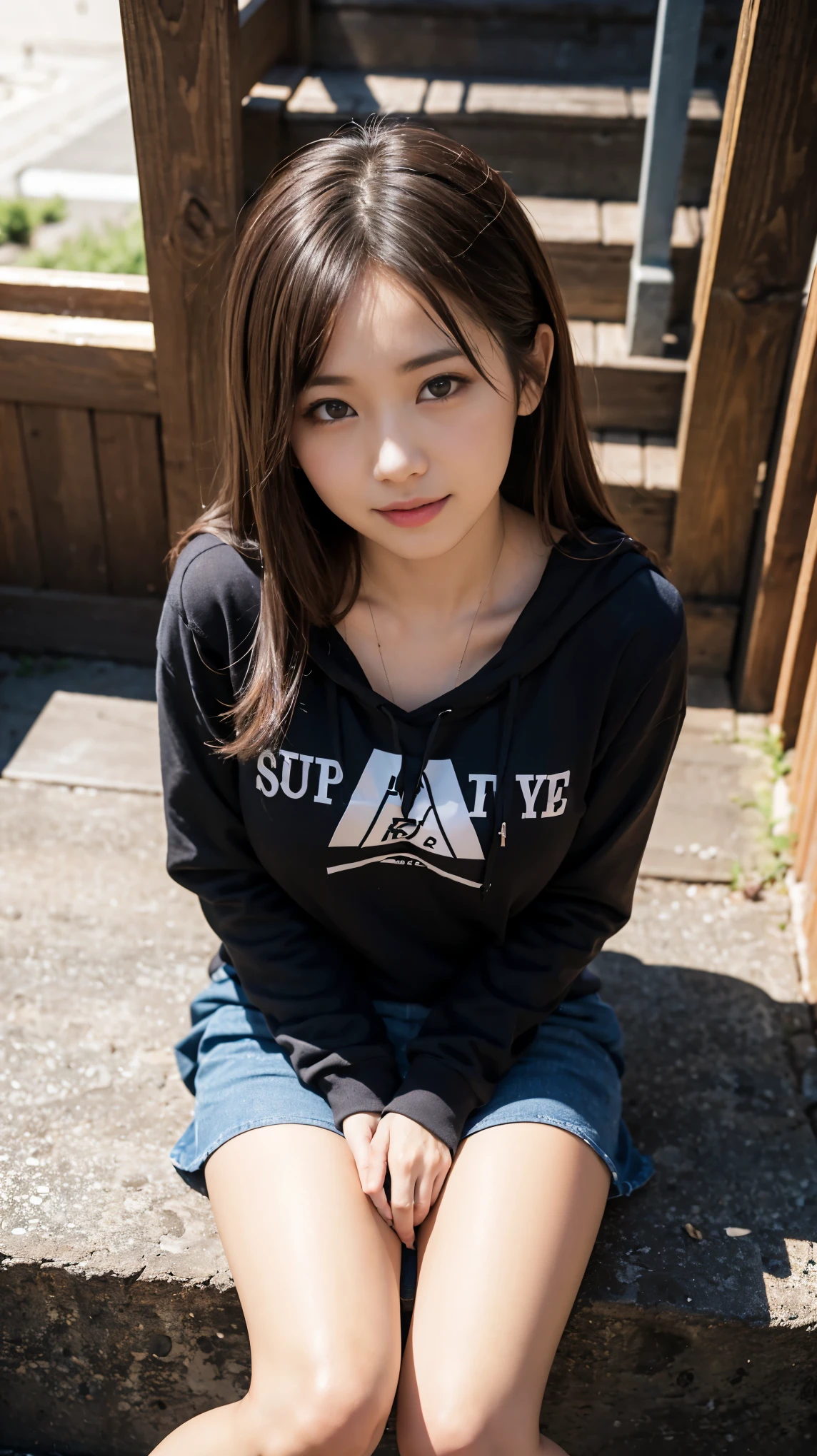 highest quality,best image,Japanese,big breasts,long brown hair,beautiful girl,smile,Hoodie with cat ears,mini skirt