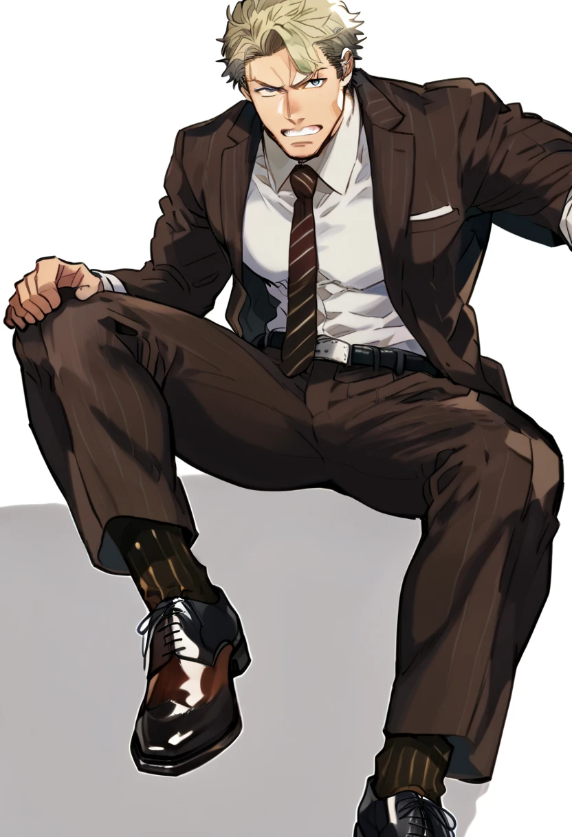 male focus, muscled male, solo, ikemen, mature, male only, swedish, blond, tough man, bold, eyes fix, flat chest, sturdy waist, 50 years old, office worker, collared shirt, tie, three piece suit, belt, slacks, tight clothes, whole body, sitting, invisible chair,  looking at viewer, (white background, simple background:1.5), masterpiece, best quality, mta, foor worship, showing his socked foot:2, long tube calf brown fancy socks, dominating male pose:2, muscle, long shot, big eyes 