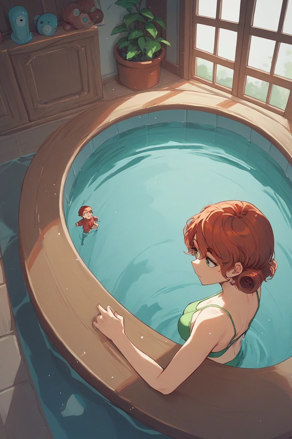 source_anime, score_9, score_8_above,  a girl nSpenny Stardew,  green eyes,  short hair,  red hair , toys,  curly hair, green bikini,  inside the house, pool,  partially submerged