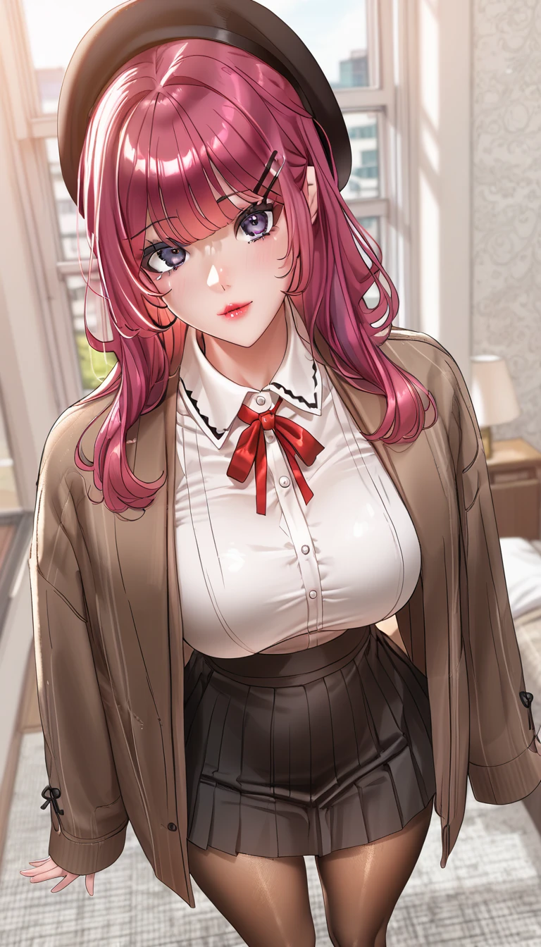 (masterpiece, best_quality:1.2), 1girl, solo, Yoo Eunhee, long hair, red hair, purple eyes, purple hair, grey eyes, pink hair, (black beret, hairclip, red ribbon, neck ribbon, brown jacket, long sleeves, white shirt, collared shirt, pleated skirt, black skirt, brown pantyhose), beautiful eyes, female focus, looking at viewer, large breast, wide hips, ((above view)) ((close up shot)) ((solo)) detailed, very high resolution, no blurry image, standing, beautiful, elegant, serene expression, intricate details, detailed background, indoors:1.3