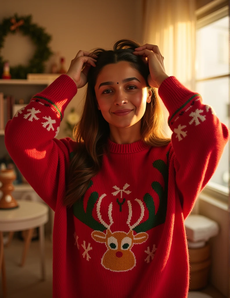 ALIA BHATT. WINTER MORNING. SUNSHINE. LIVING ROOM. HOMELY. NO MAKE UP LOOK. HANDS RAISED, TYING HER HAIR. LAUGHING SEDUCTIVELY.  RED CHRISTMAS THEMED SWEATER.