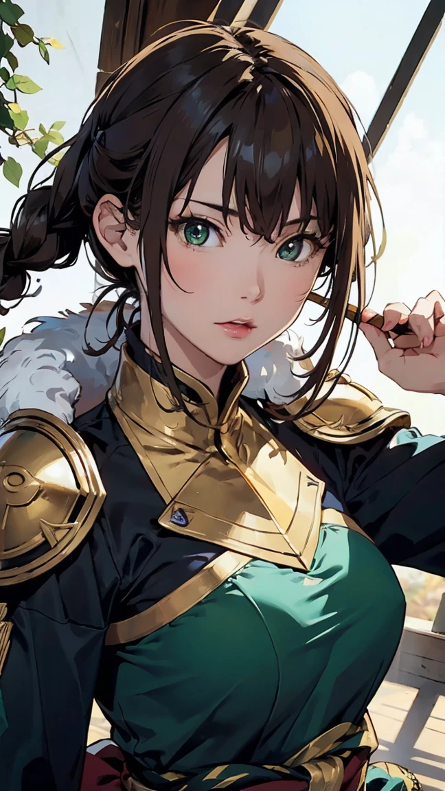 “(masterpiece:1.2), best quality, ultra-detailed, anime-style, fantasy archer warrior, powerful and graceful female character, dynamic battle pose, long red hair tied in braids, vibrant green eyes, decorative green and gold armor with intricate dragon and leaf motifs, elegant fur-lined shoulder guard, ornate bow with black and gold accents, arrow ready to shoot, glowing magical energy swirling around her, lush green and golden background, flowing ribbons and dynamic motion lines, traditional Japanese architecture with pagoda rooftops in the distance, ethereal sunlight breaking through, other warriors in coordinated green outfits in the background, powerful and heroic atmosphere, detailed facial expression, soft glowing highlights and vibrant colors, high contrast, immersive fantasy setting.”1人の女の子,