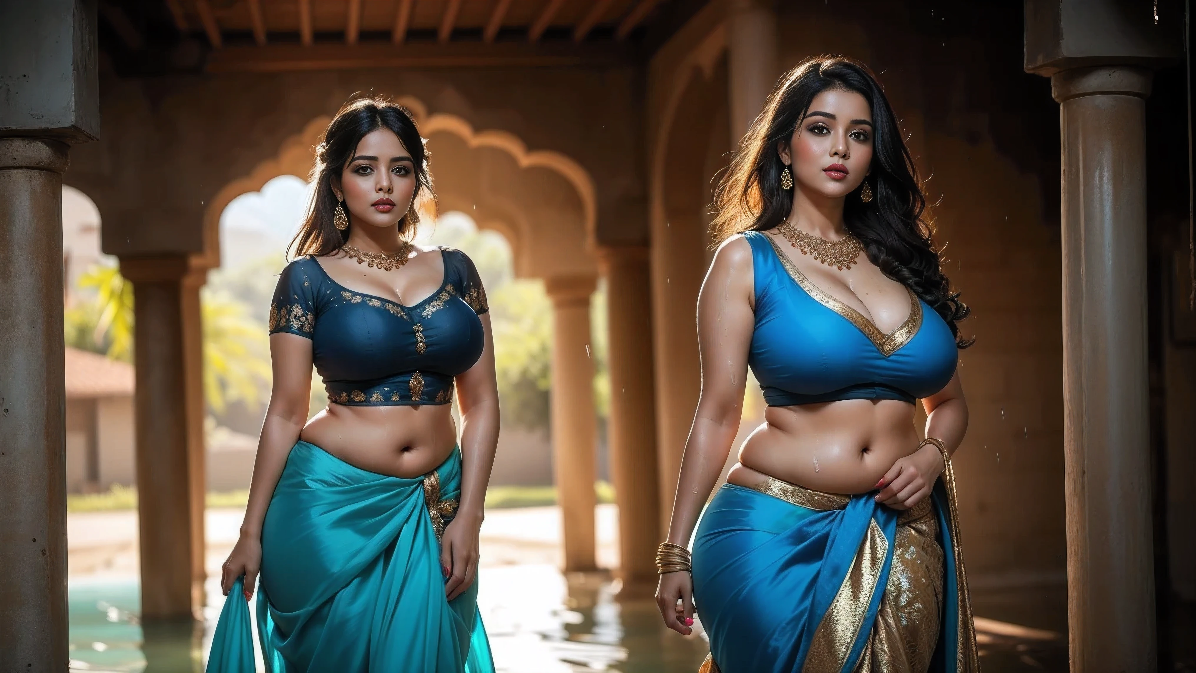 Indian Hindu big boobs woman, change background, in beautiful blue saree