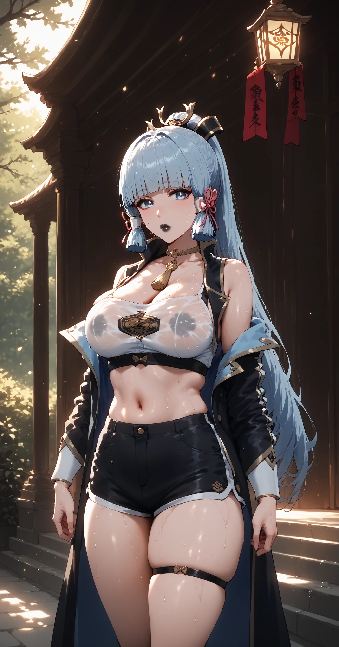 score_9, score_8_up, score_7_up, score_6_up, kamisato ayaka \(genshin impact\), blunt bangs, mole under eye, hair ornament, hair ribbon, sidelocks, tress ribbon, ponytail, blue eyes, long hair, (black lips, black lipstick:1.2), (skindentation:1.2), (thick:1.2), BREAK (perfect hands, perfect anatomy), beautiful detailed eyes, beautiful detailed lips, extremely detailed face and portrait, elegant expression, soft warm lighting, volumetric lighting, cinematic composition, detailed environment, lush garden, vibrant colors, intricate details, masterpiece, high resolution, digital painting, excessive sweating, sweating profusely, sweating drop, gasping, heavy breathing, hollow eyes BREAK, shorts, jacket, ribbon, cleavage, solo, looking_at_viewer, wet, off_shoulder, bare_shoulders, navel, wet_clothes, short_shorts, thigh_strap, open_clothes, midriff, black_shorts, standing, open_jacket, collarbone, outdoors, clothes_writing, backlighting, ((protruding breasts:1.3)), 